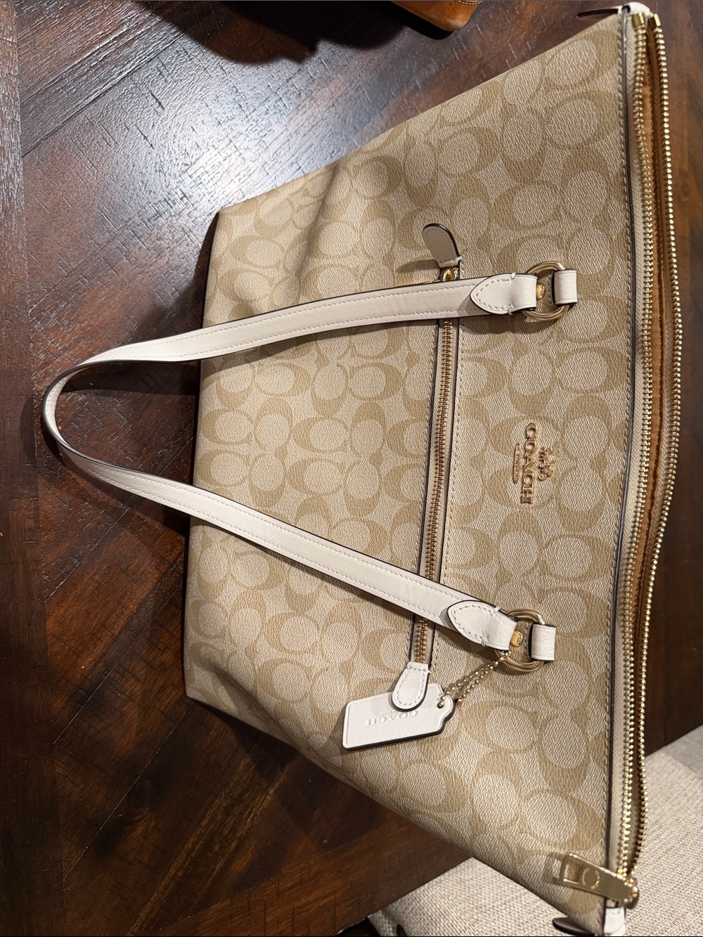Coach Beige Signature Canvas Tote with Pebble Leather Trim